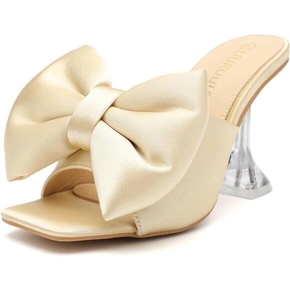 Shoes - Women's Bow High Heels Mules Dress Sandals Slip On Party Wedding Bridal Gold